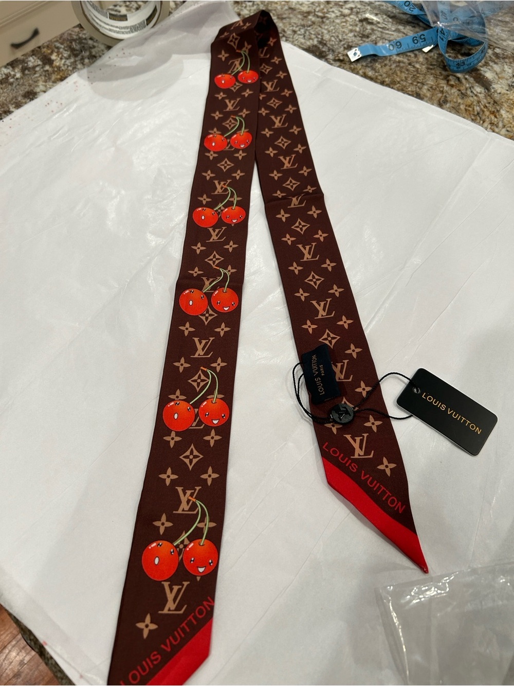 Louis Vuitton Brown and Red Cherry Monogram Silk Twilly